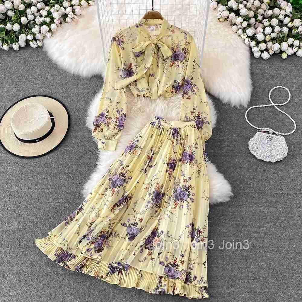 Skirt Outfits Women Clothing 2 Piece Sets Bandage Bow Long Sleeve Shirt High Waist Pleated Skirt Suit Fashion Floral Chiffon Set