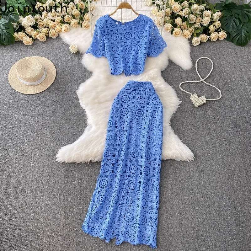 Skirt Suit 2 Piece Sets Women Outfits Summer Clothing O-neck Short Sleeve Crop Tops Bodycon Tunic Skirts Hollow Out Korean Set