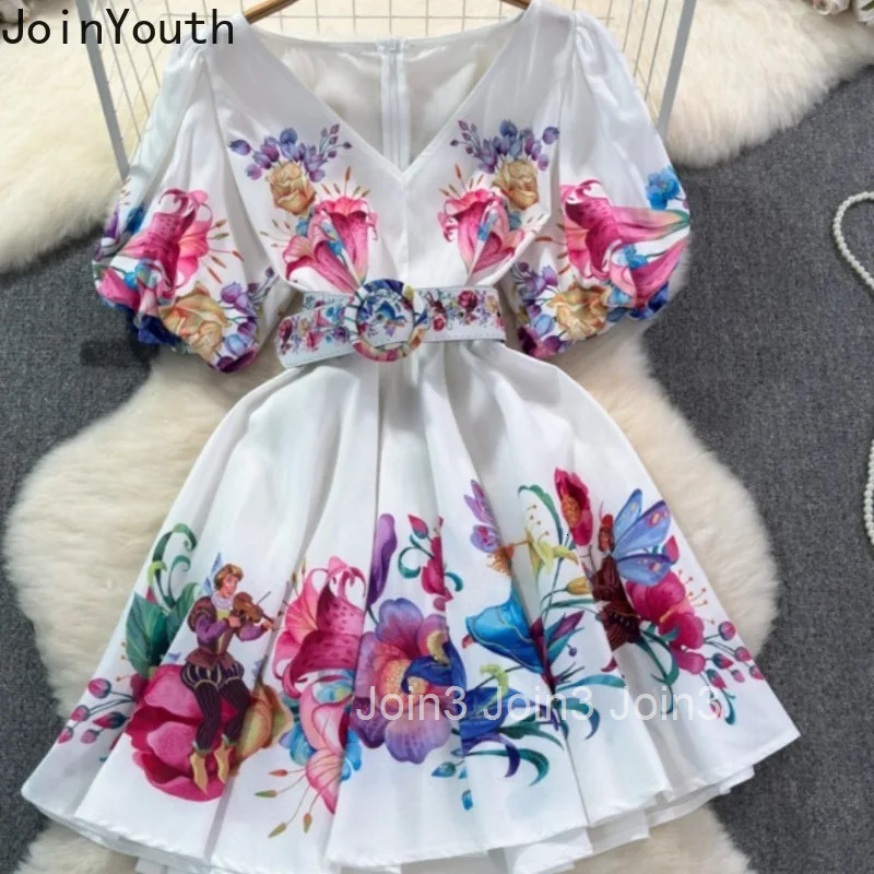 Woman Evening Dress Fashion V Neck Puff Sleeve Mujer Belt Print Vintage Slim Party Dresses Elegant Panelled High Waist Vestidos