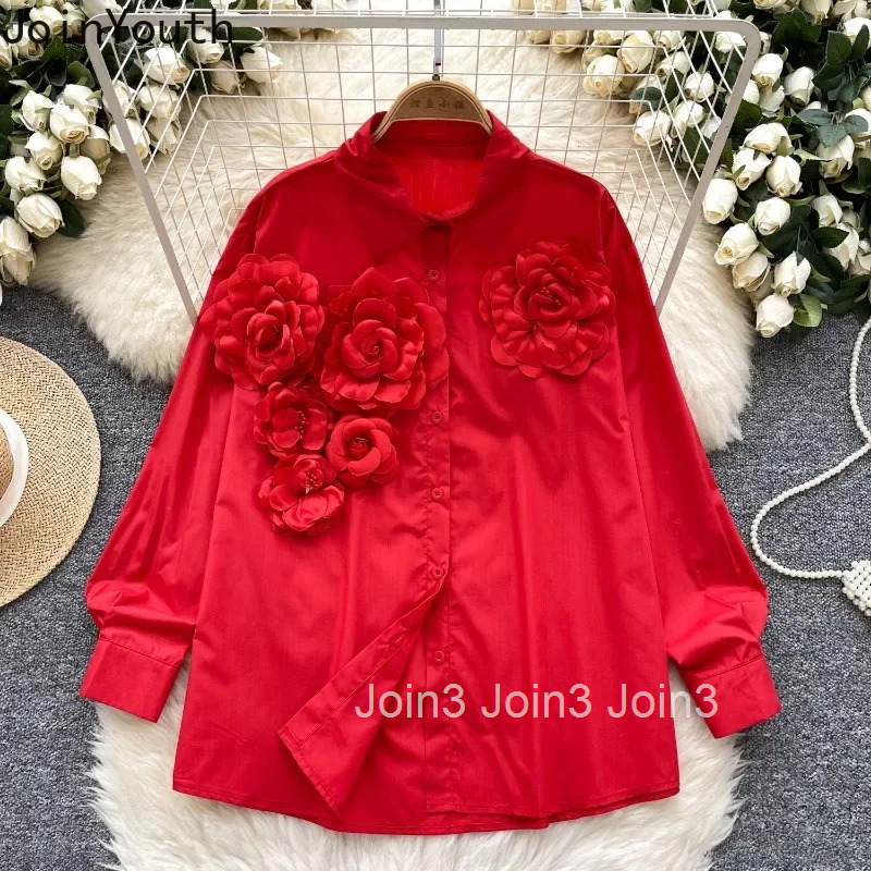 Temperament Blouses for Women 2025 Camisas De Mujer 3D Floral Temperament Shirts White Tops Vintage Long Sleeve Korean Blouse