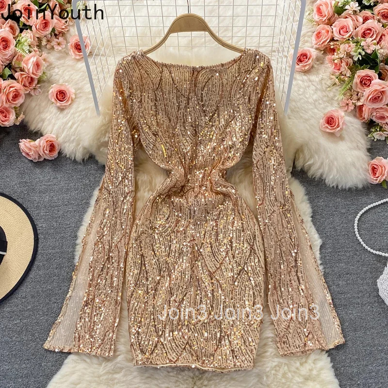 2025 Vestidos De Mujer Sexy Bodycon Dress for Women V-neck Long Sleeve Tunic Temperament Robe Femme Sequin Fashion Mini Dresses