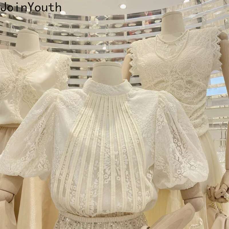 Elegant Women Shirts Tops Vintage Blouse for Women Stand Neck Puff Sleeve Summer Shirt Fashion Embroidery Korean Blusas De Mujer
