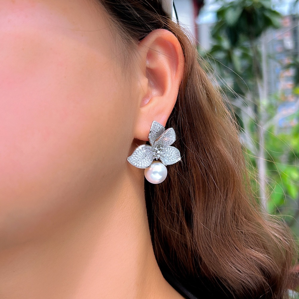 Choucong Ins Top Sell Luxury Jewelry 925 Sterling Silver Pave White Zircon Large Pearl CZ Diamond Party Stylish Women Wedding Flower Bridal Stud Earri