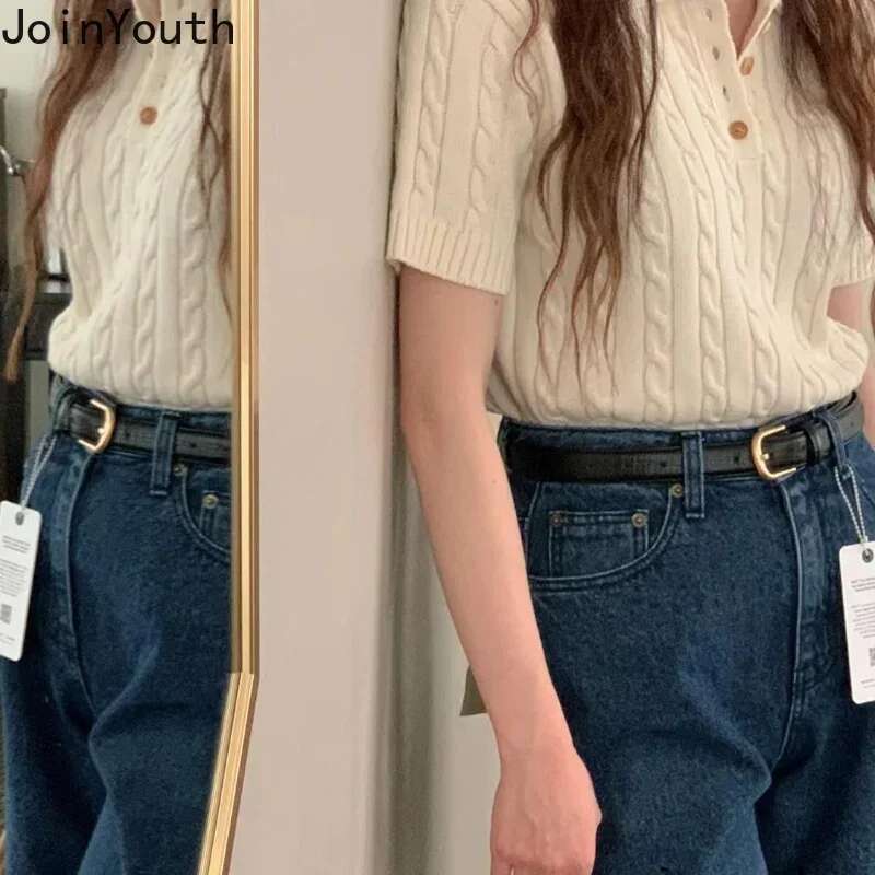 Knitted Woman Tshirts 2025 Ropa Mujer Turndown Collar Short Sleeve White Tees Fashion Ribbed Casual T Shirt Tunic Korean Tops
