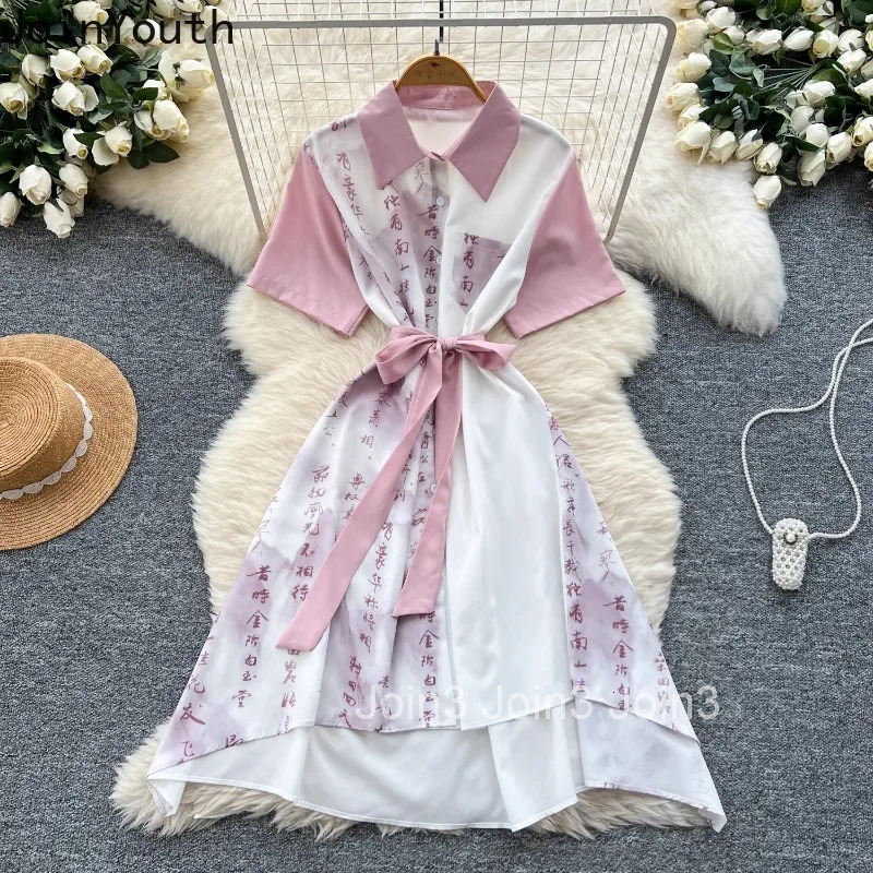 Bandage Slim Waist Woman Dress 2025 Vestidos De Mujer Short Sleeve Letter Summer Robe Femme Vintage Casual Irregular Dresses