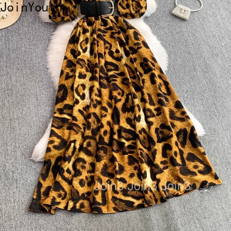 2025 Women Clothing Leopard Print Dress V-neck Slim Waist Robe Femme Korean Chic Vestidos De Mujer Big Swing Summer Maxi Dresses