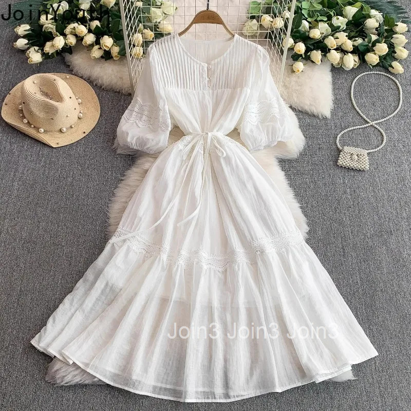 2025 Vestidos De Mujer Summer Dress for Women Slim Waist Patchwork Lace Robe Femme Lantern Sleeve O-neck Tunic Vintage Dresses