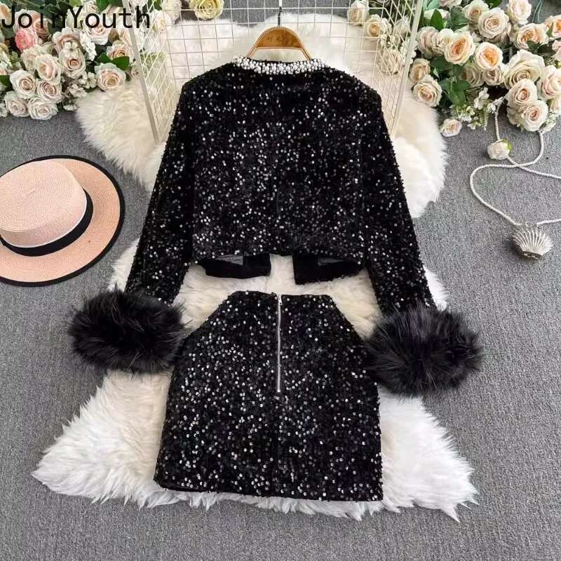 Temperament Women Clothes Chic Black Set Two Piece Sets Beading O-neck Crop Jackets Bodycon Mini Skirt Suit Heavy Sequin Outfits