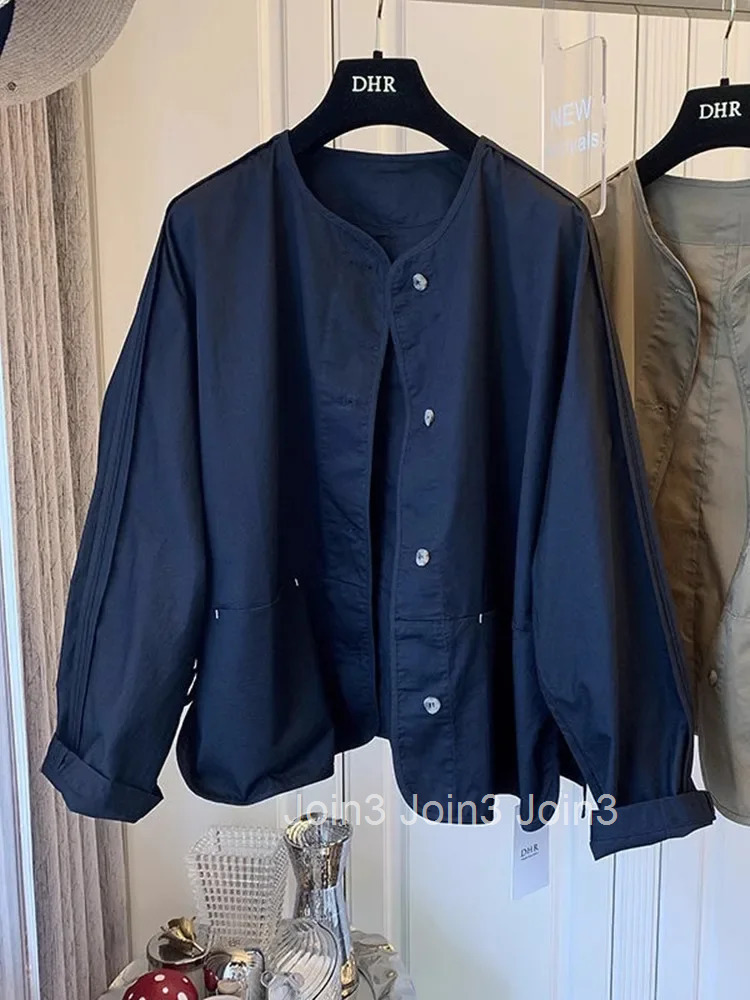 Trench Coat for Women Solid Color O-neck Long Sleeve Loose Outwear 2025 Ropa Mujer Casual Pockets Fashion Korean Vintage Jackets