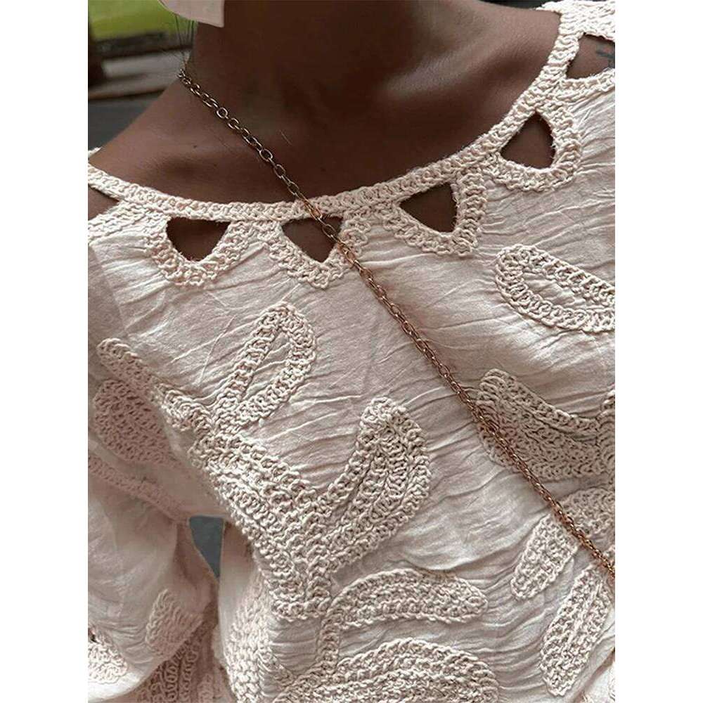 Hollow Out Embroidery Women Top Set Wave Cut High Waist Female Shorts Sets 2025 Spring O Neck Irregular Lady Vacation Outfits