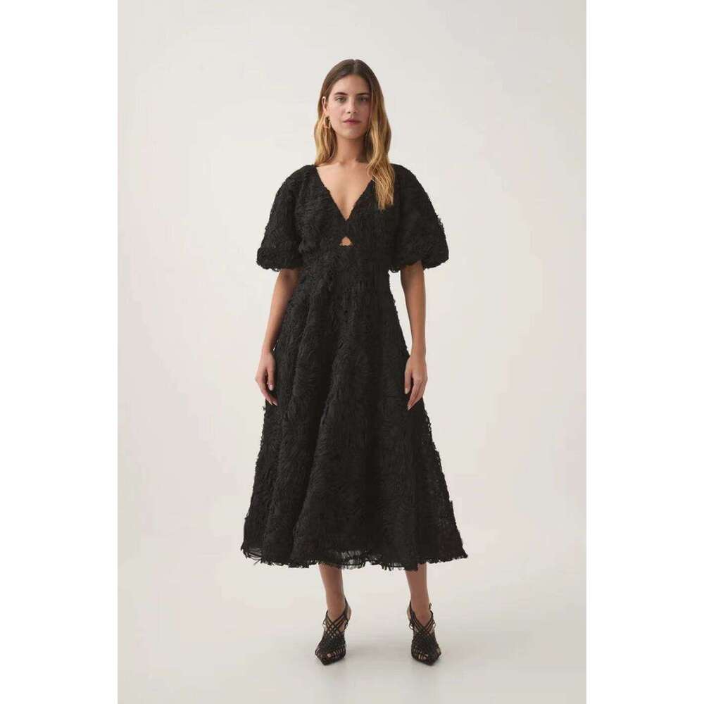 White Skirt Maxi Skirt Australia Spring New V Neck Puff Sleeve Hollow Out Solid Color Long Dress For Women Long Skirt