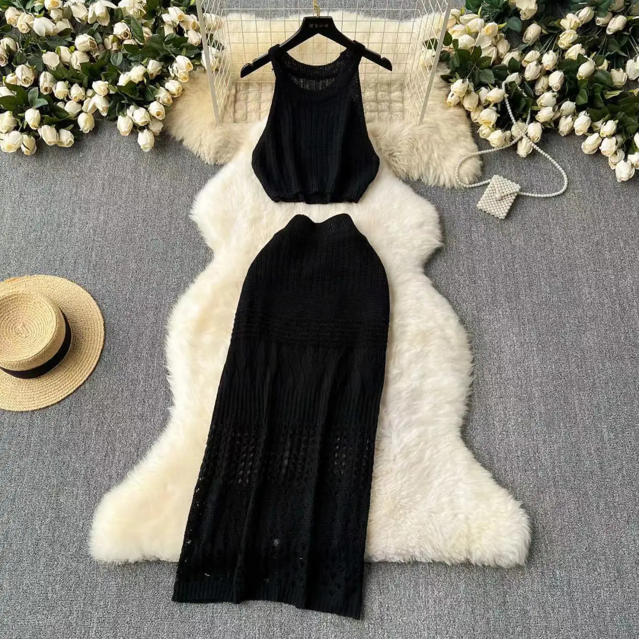 Style Knitting Solid Color Tank Top Texture Slit Dress Ladies Beach Sunscreen Suit Hollow Out Beachwear Cover Up 250616