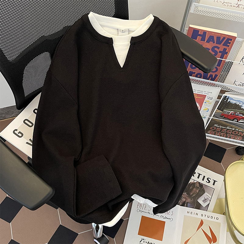 Spring and Autumn Waffle Fake Two-Piece Long Sleeve T-Shirt for Men Cleanfit Trendy Brand Simple Casual Loose Top