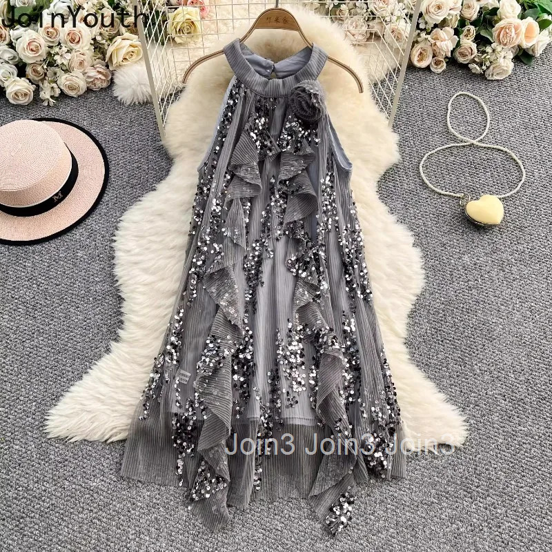 Temperament Robe Femme Summer Woman Dress 2025 Vestidos De Mujer Sleeveless Loose Heavy Sequin Ruffles 3D Floral Dresses 7p540