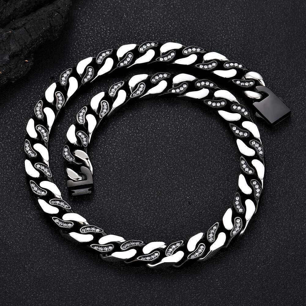 Hip Hop 12mm Stainless CNC Semi-Inlaid Dia Zirconia Four-Sided Polished Cuban Chain Titanium Steel Necklace 6c2c