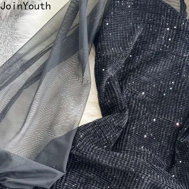 Temperament Robe Femme Black Patchwork Gauze Dress Women 2025 Vestidos De Mujer Lantern Sleeve Velvet Sequin Bodycon Dresses