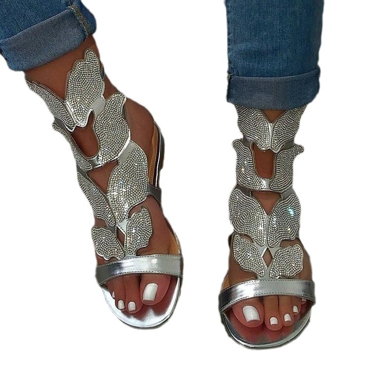 Luxury Brand Designer Shoes Sandals Cross-Border Plus Size Amazon Wish Rhinestone Roman Sandals Flat Women's Shoes Hollow One-Word Butterfly Rhin
