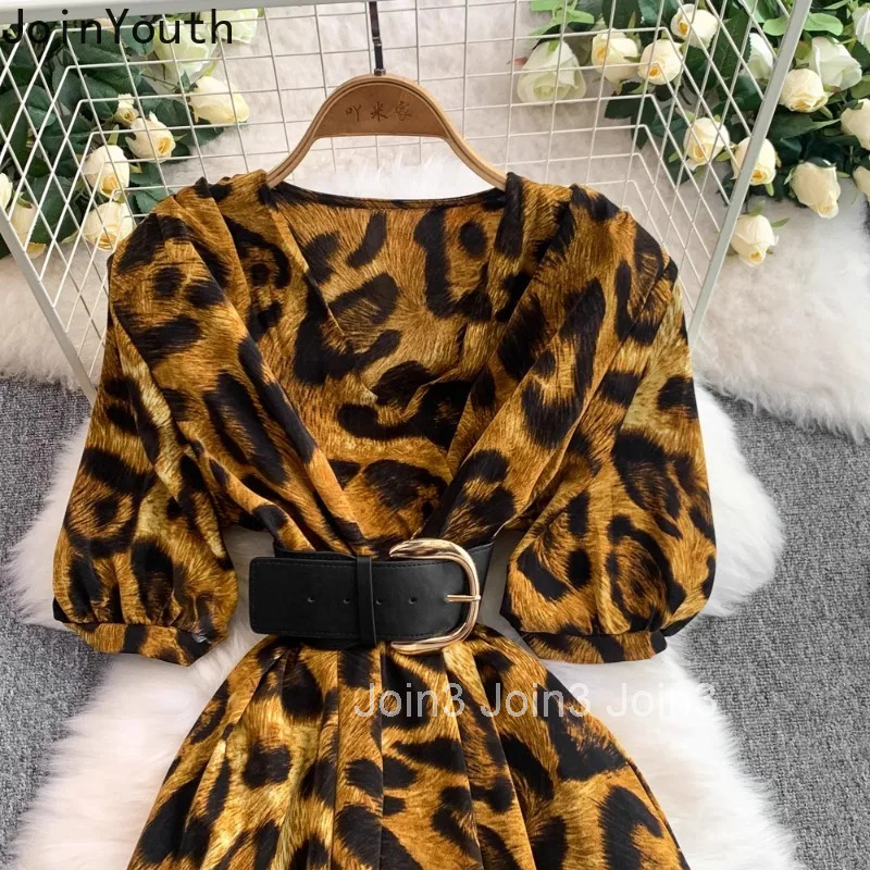 2025 Women Clothing Leopard Print Dress V-neck Slim Waist Robe Femme Korean Chic Vestidos De Mujer Big Swing Summer Maxi Dresses