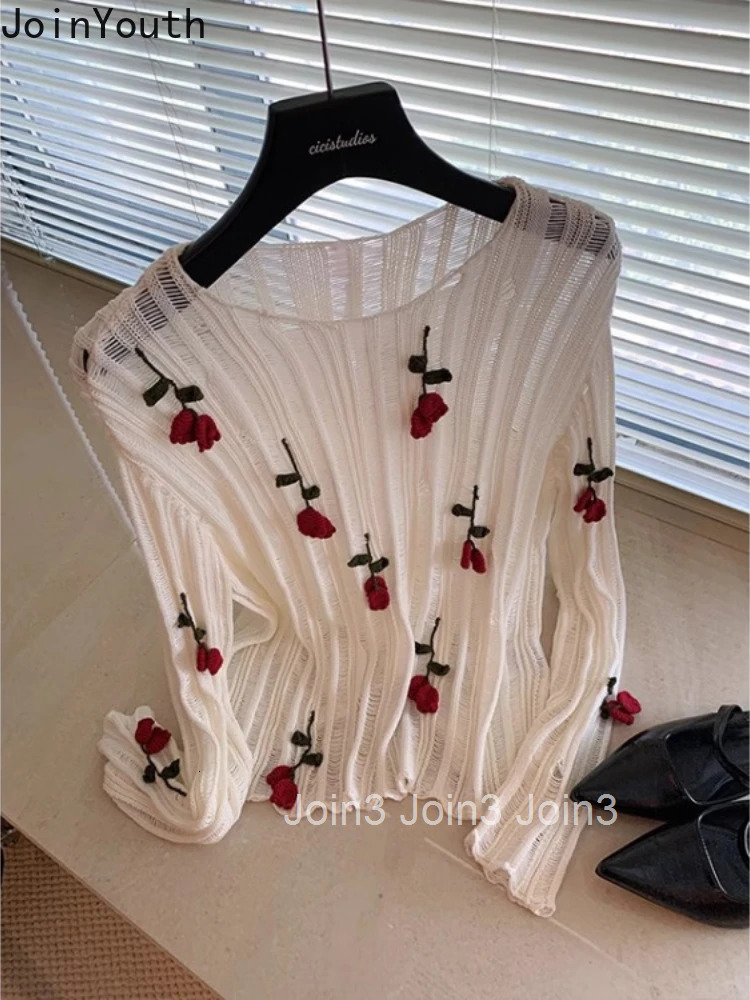 Korean Sueter Mujer Knit Thin Pullovers 2025 Women Clothing O-neck Long Sleeve Floral Pull Femme Embroidery Hollow Out Sweater