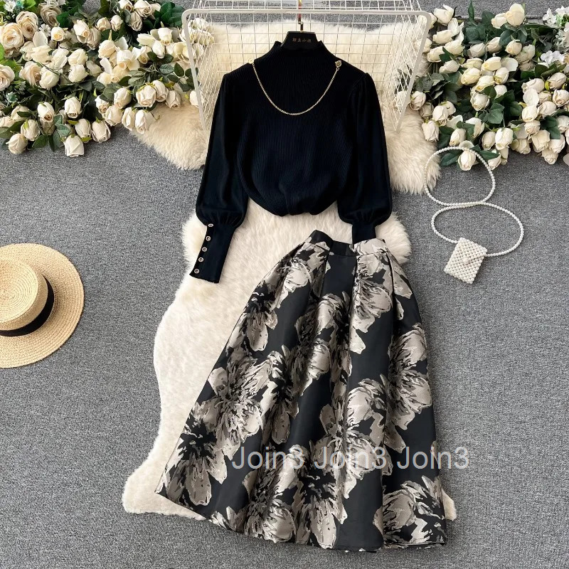 2 Piece Skirt Set Womens Clothing Half High Collar Knitted Pullovers High Waist Big Swing Skirts Outfits Vintage Korean Suit