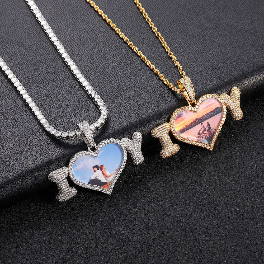 Hip Hop Personality DIY Bubble Letter Splicing Heart Pendant Micro Paved Zircon Photo Frame Men's Necklace 0211