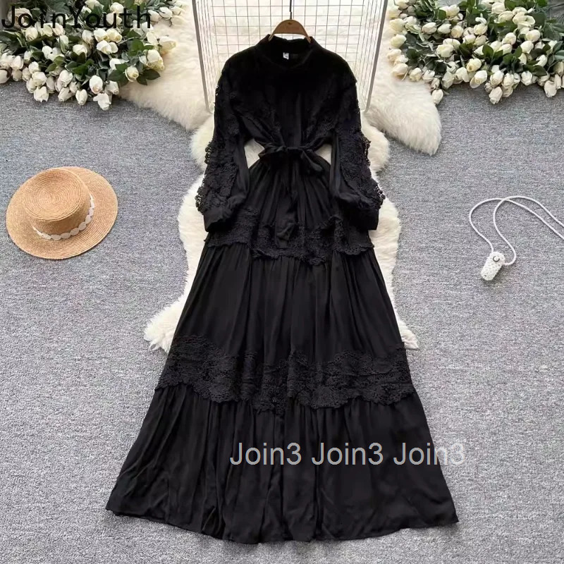 Elegant Dress Womens Clothing Heavy Lace Bandage Tunic Lantern Sleeve Robe Femme Vintage Summer Maxi Dresses Vestidos De Mujer