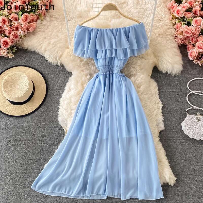 Summer Dress for Women High Waist Big Swing A-line Robe Femme Slash Neck Ruffles Chiffon Sexy Dresses 2025 Vestidos De Mujer