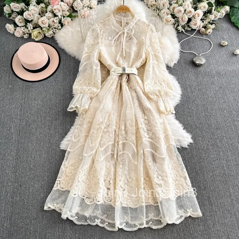 2025 Vestidos De Mujer Vintage Maxi Dress for Women Bandage O-neck Long Sleeve Robe Femme Chic Embroidery Lace Elegant Dresses