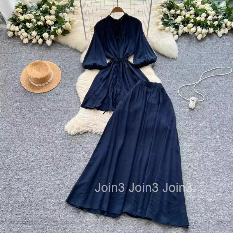 Skirt Outfits Summer 2 Piece Set Womens Clothing Bandage Long Blouses High Waist A-line Skirts Suit Roupas Femme Vintage Sets
