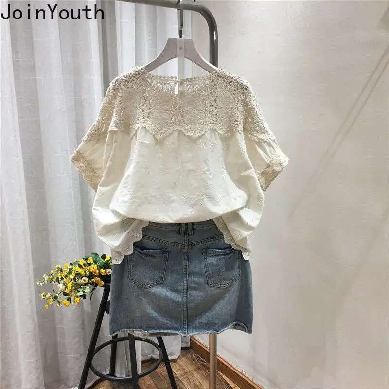 2025 Blusas Mujer De Moda Blouse Women Short Sleeve Embroidery Cotton Shirts Oversized Tops Hollow Out Vintage Summer Blouses