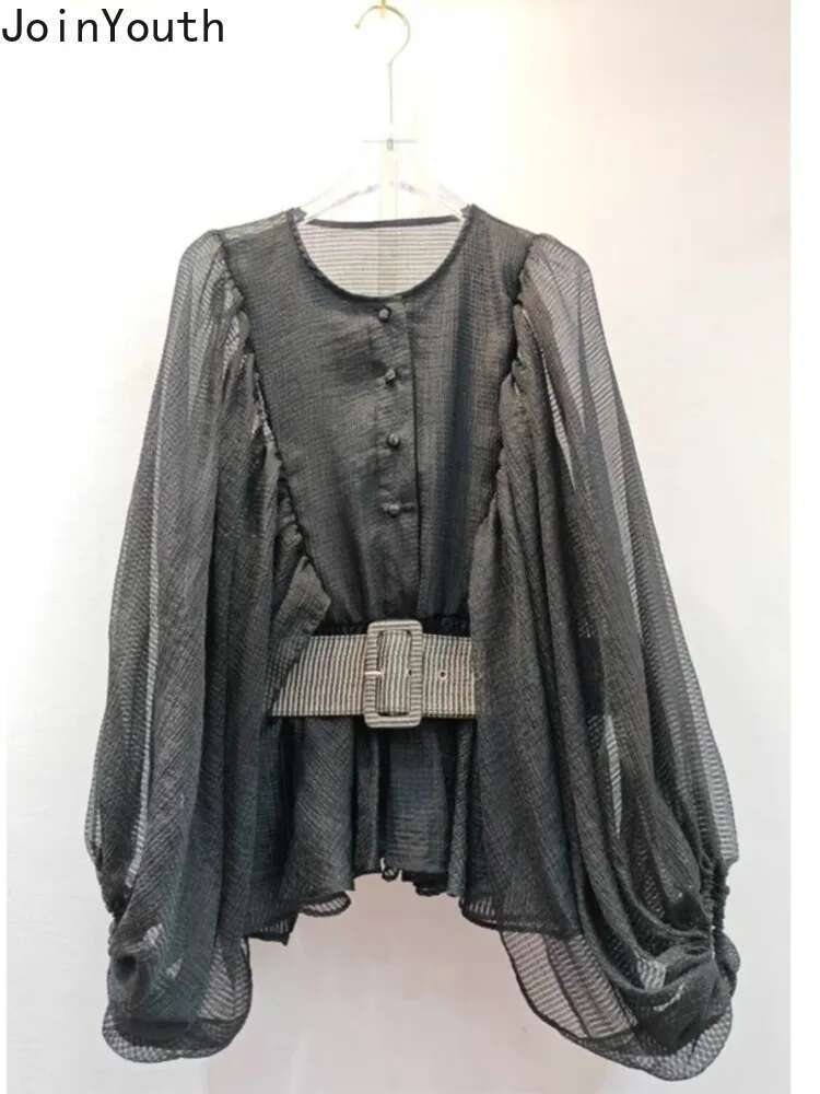 2025 Blusas Mujer De Moda Blouse for Women Lantern Sleeve Slim Waist Shirts Ruffles Single Breasted O-neck Blouse Tops Female
