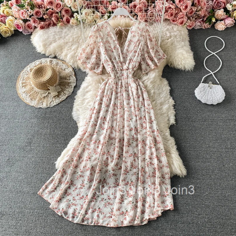 Floral Elegant Dresses for Women V-neck Slim Waist Vintage Robe Femme 2025 Vestidos De Mujer A-line Big Swing Summer Maxi Dress