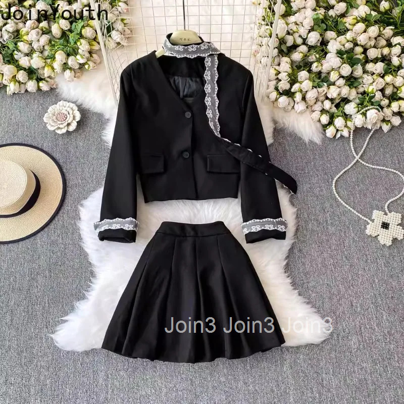 Temperament Two Piece Sets 2025 Womens Clothing V-neck Patchwork Lace Jackets High Waist A-line Pleated Mini Outfits Chic Suit