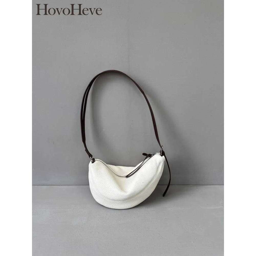 Women Half Moon Versatile Splicing Together Cowhide Genuine Leather Casual Shoulder Fashion Underarm Handbag Crossbody Bag