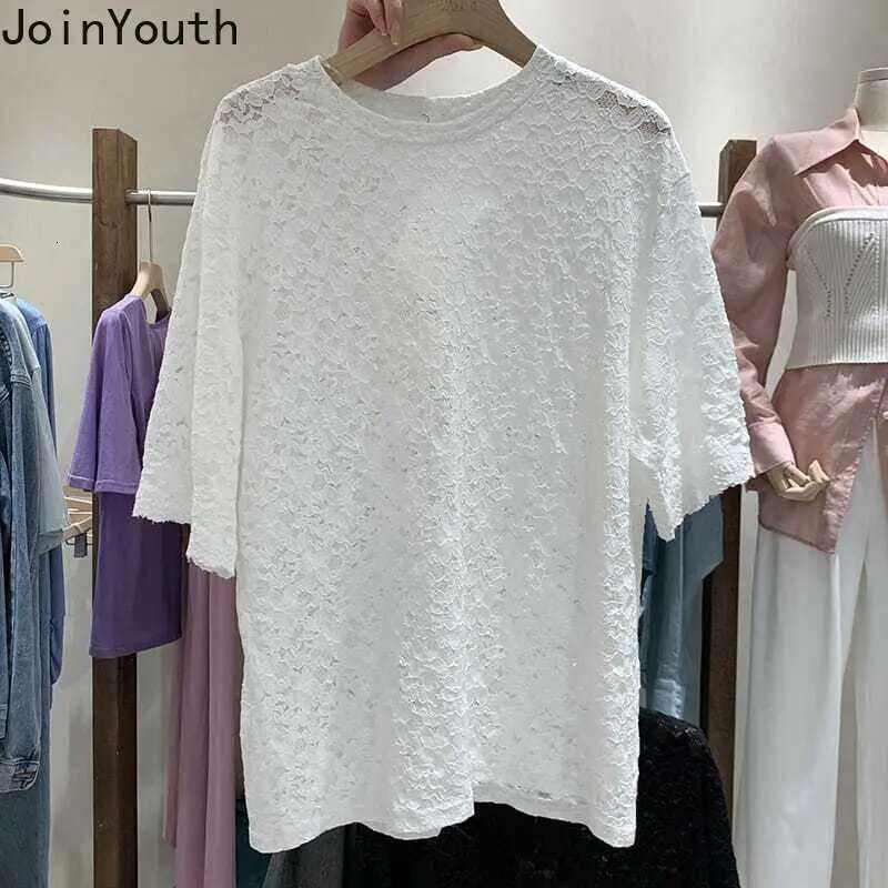 Summer Woman Tshirts 2025 Ropa Mujer Fashion Lace Hollow Out T Shirts O-neck Short Sleeve Tees Oversized Tops White T-shirt