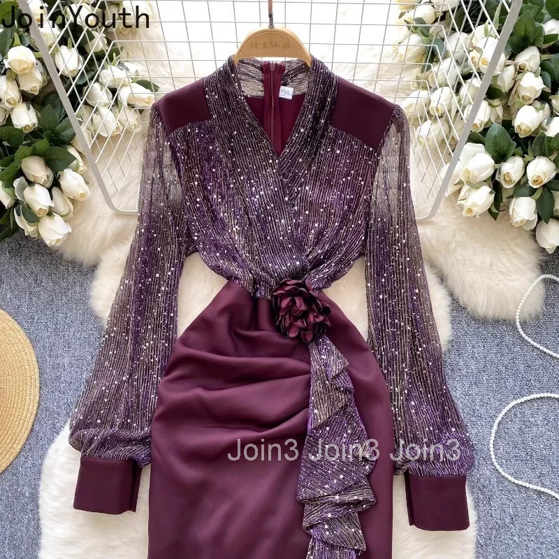 Chic Party Dress for Women 2025 Vestidos De Mujer Temperament Robe Femme Patchwork Gauze Sequin Ruffles Bodycon Split Dresses