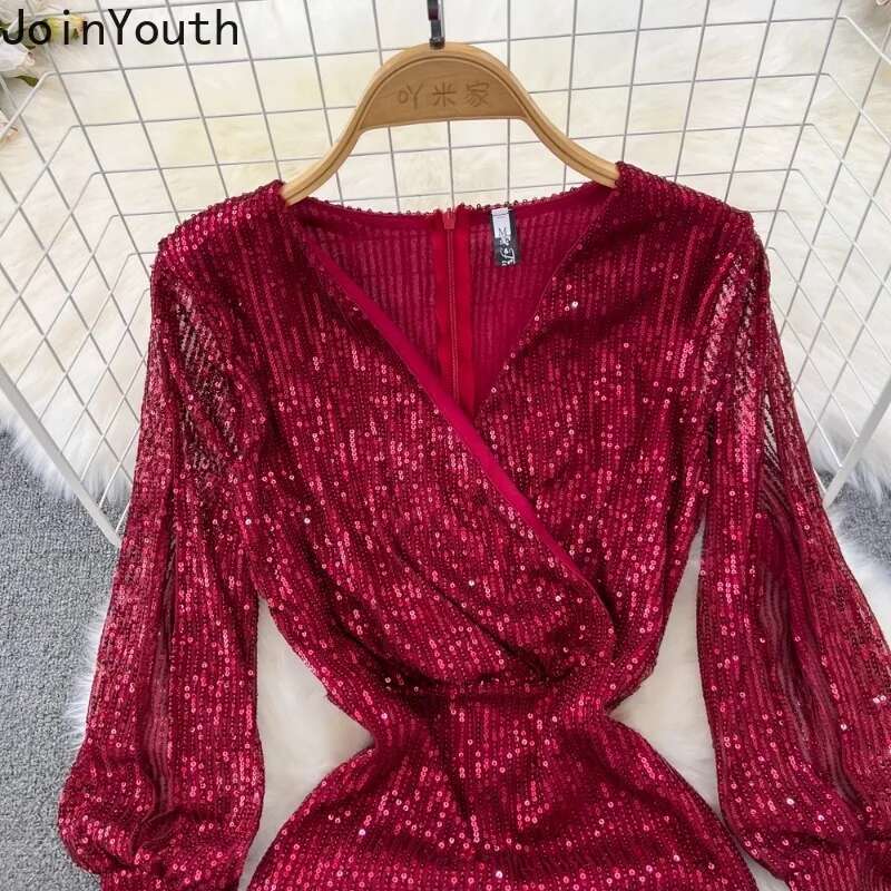 2025 Vestidos De Mujer Party Dresses for Womens V-neck Lantern Sleeve Tunic Temperament Robe Femme Sequin Bodycon Maxi Dress