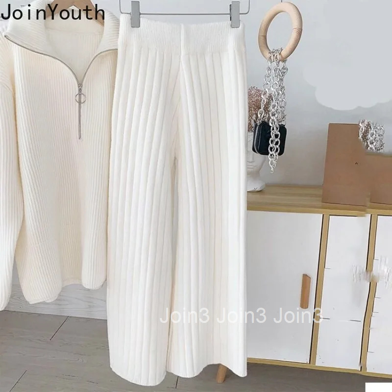 Knitted Women Piece Sets Roupas Femme Half Zipper Oversized Pullovers Straight Wide Leg Pants Suit Fashion Casual Korean Outfits
