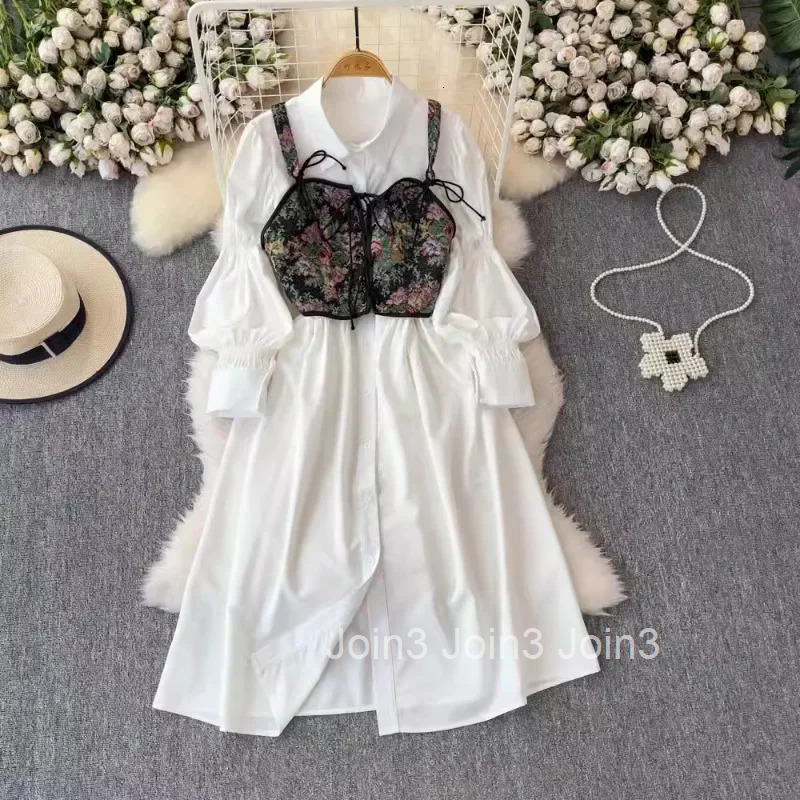 Dress Outfits Fashion Two Piece Sets Long Sleeve Folds Shirt Dress Bandage Floral Vest Suit Roupas Femme Sweet Korean Women Set