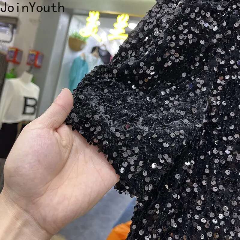 2025 Shirts for Women Korean T-shirts Short Sleeve O-neck Loose Tees Chic Temperament Sequined T Shirts Black Summer Crop Tops
