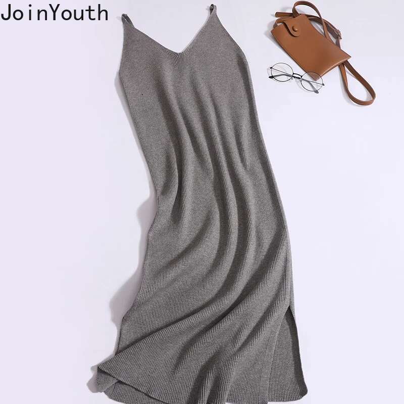Korean Bodycon Dress for Women 2025 Vestidos De Mujer Solid Color Sexy Sling Robe Femme Tunic Fashion Knitted Split Dresses