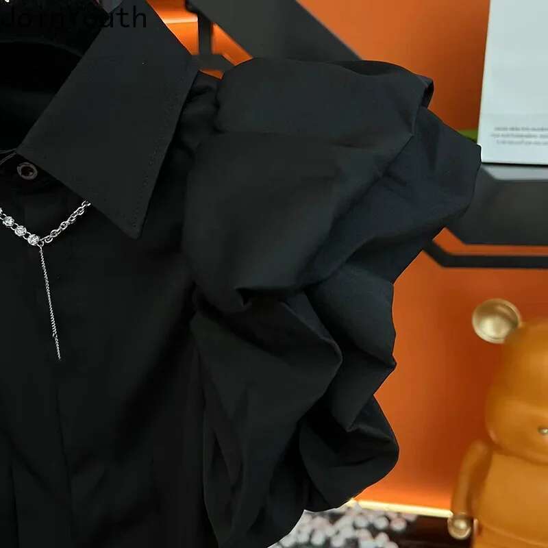 Temperament Women Tops Black Slim Fit Blouses Turndown Collar Puff Sleeve Chic Black Shirts Fashion Summer 2025 Camisas De Mujer