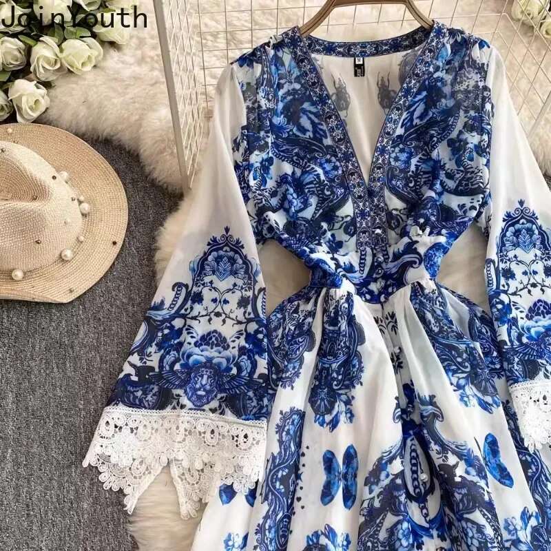 2025 Vestidos De Mujer Floral Dresses Women V-neck Slim Waist Lace Flare Sleeve Robe Femme Vintage Big Swing Elegant Maxi Dress