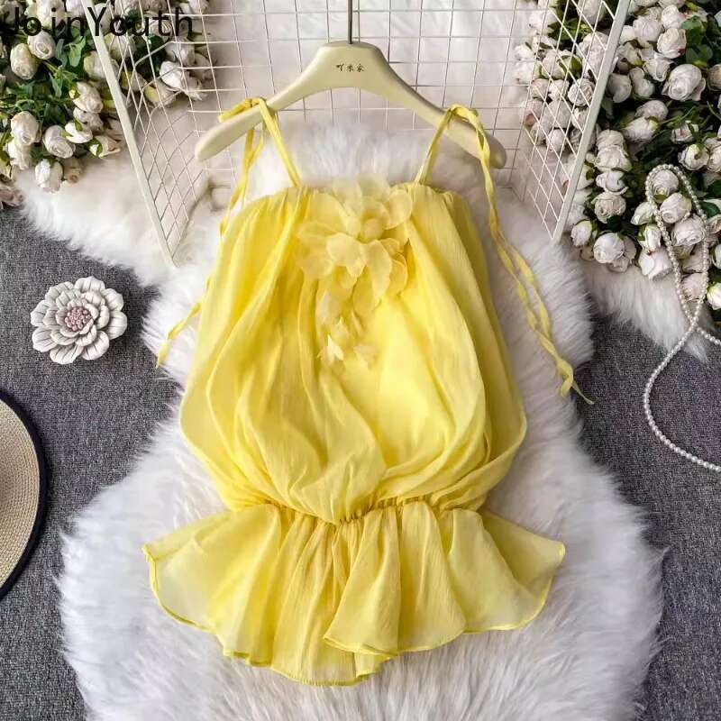 Sweet Tanks for Womens 2025 Ropa Mujer Solid Color Sleeveless Tees Ruffles Off Shoulder Sling Vest Fashion Summer Crop Tops