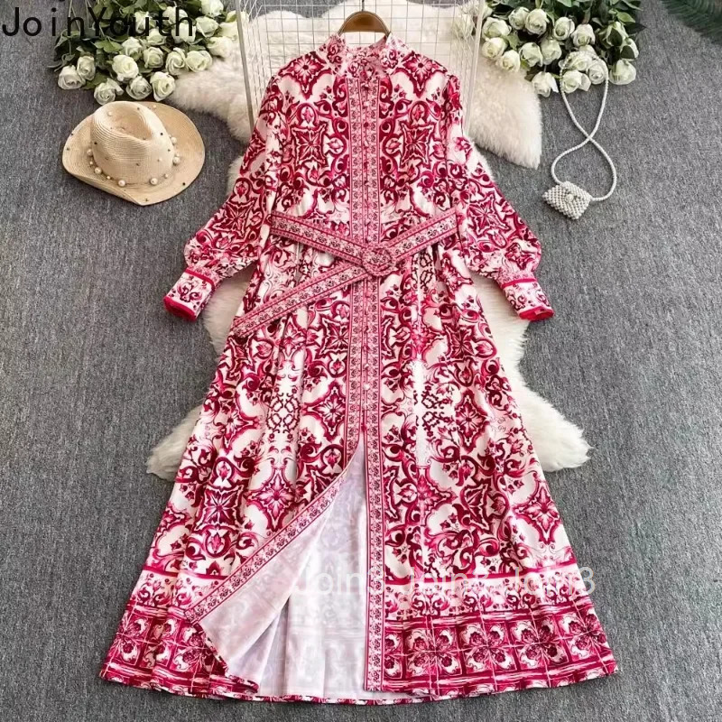 Temperament Dress Women Vestidos De Mujer Stand Neck Single Breasted Floral Robe Femme Vintage High Waist Elegant Maix Dresses