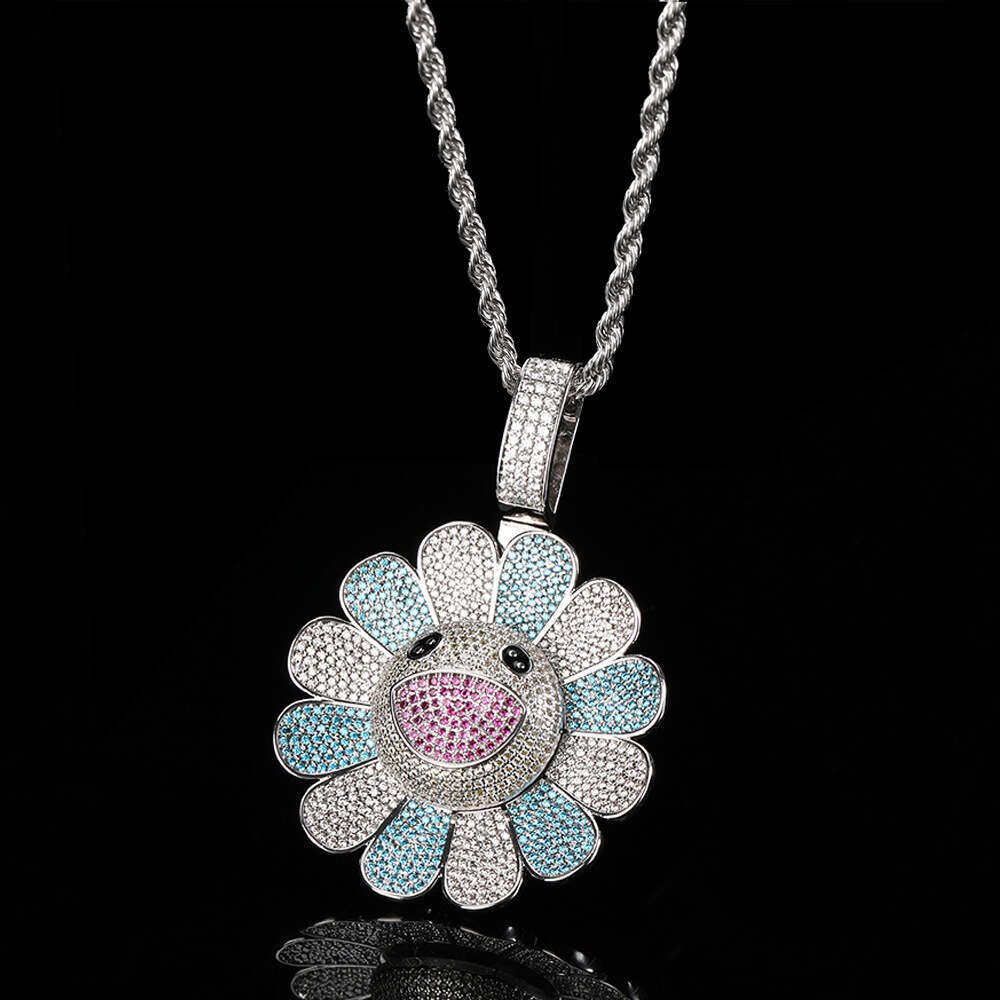 Copper Inlaid Zircon Rotatable Murakami Suower Pendant Real Gold Plated Trendy Hip Hop Necklace 9ece