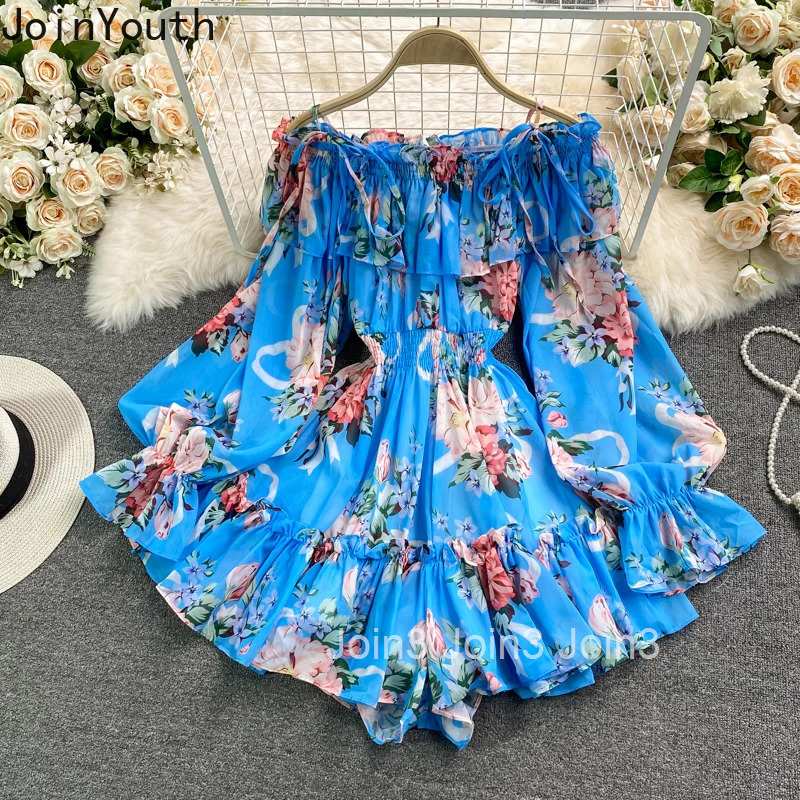 Women Jumpsuit Floral Summer Rompers Slash Neck Bandage Ruffles Wide Leg Pants Playsuit Fashion Off Shoulder Chiffon Jump Suit