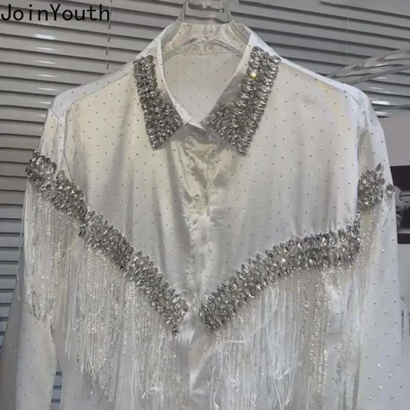 Temperament Tops Blouse for Womens Heavy Diamond Tassel Shirts Long Sleeve Fashion Korean Blouses Tops 2025 Camisas De Mujer