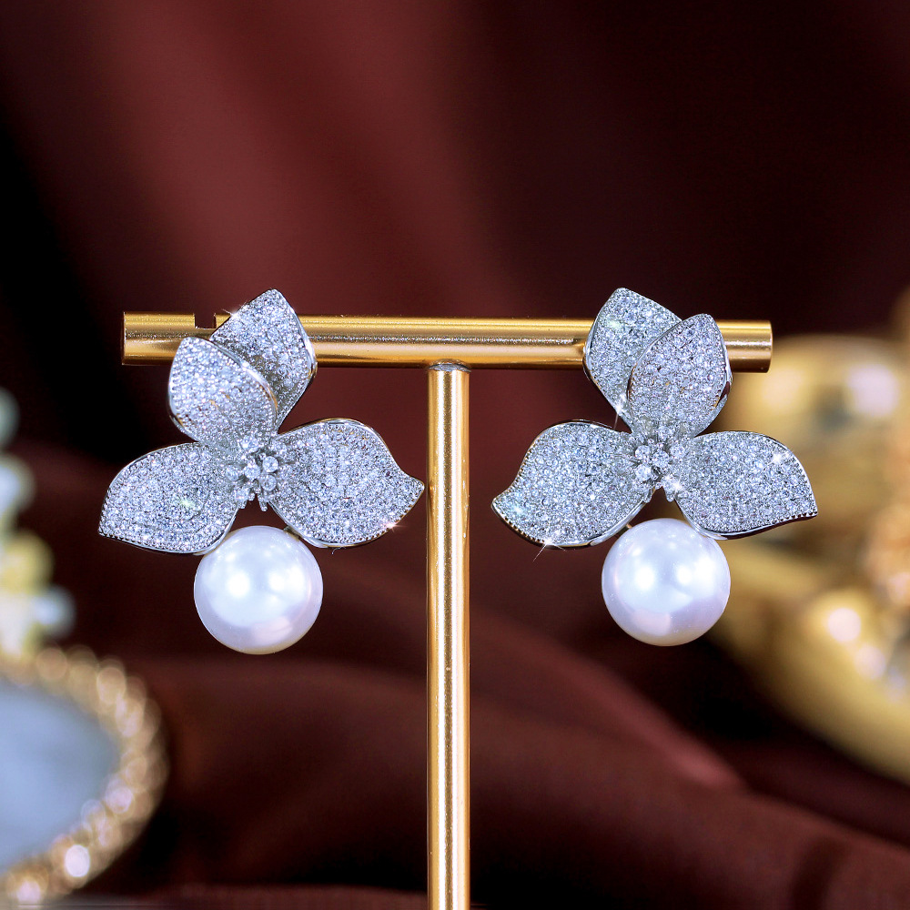 Choucong Ins Top Sell Luxury Jewelry 925 Sterling Silver Pave White Zircon Large Pearl CZ Diamond Party Stylish Women Wedding Flower Bridal Stud Earri