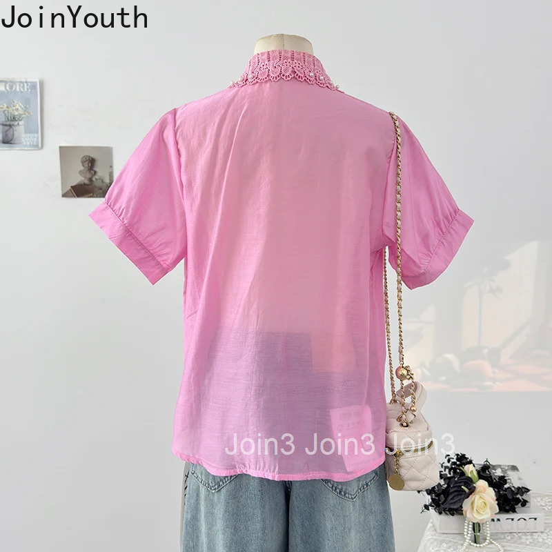 Camisas De Mujer Summer Blouses Women Clothing Beading Floral Short Sleeve Loose Shirts White Tops Patchwork Lace Vintage Blouse